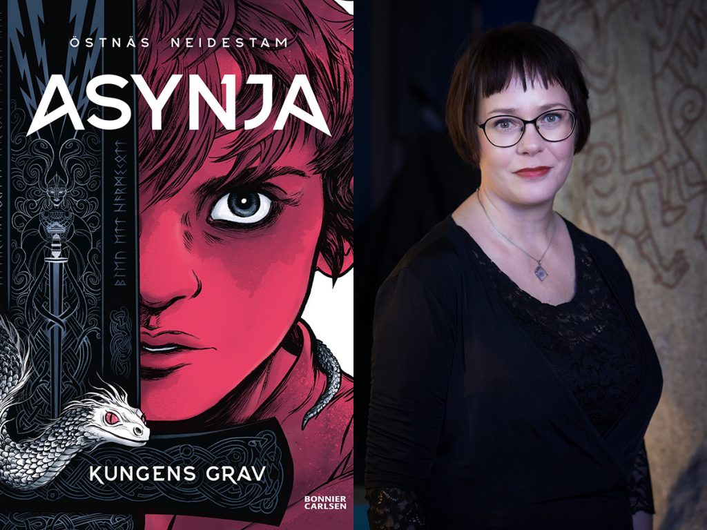 Bokomslaget på en tecknad flicka samt porträtt på Elisabeth Östnäs